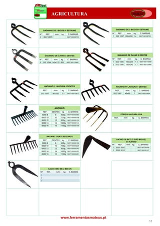AGRICULTURA


                                                           GADANHO DE 3 BICOS P/ ESTRUME
      GADANHO DE 3 BICOS P/ ESTRUME
Nº       REF.       m/m    kg.      C. BARRAS         Nº     REF.        m/m     kg.         C. BARRAS

0     002 10970                    5607160009703
                                                      1    002 1097 200x250 1.4             5607160109700




        GADANHO DE CAVAR 3 DENTES                            GADANHO DE CAVAR 3 DENTES

Nº      REF.       m/m     kg.     C. BARRAS          Nº     REF.         m/m         kg.     C. BARRAS
0     002 1094 140x170 800         5607160110942      1 002 1095       160x205        1.4    5607160110959
                                                      2 002 1096       185x240        1.7    5607160110966




       ANCINHO P/ LAVOURA 5 DENTES                         ANCINHO P/ LAVOURA 7 DENTES
      REF.         m/m      kg.     C. BARRAS              REF.        m/m       kg.        C. BARRAS
    002 1061      90x250    1.1    5607160010617       002 1062        45x90      1         5607160010624




                   ANCINHO
      REF.      DENTES      kg.
                             g      C. BARRAS
     6000 8          8     600g    5607160000083                  FORQUILHA PARA UVA
     6000 10        10     700g    5607160000106          REF.      m/m         kg.         C. BARRAS
     6000 12        12     850g    5607160000120
     6000 14        14     1000g   5607160000144
     6000 16        16     1100g   5607160000168




         ANCINHO DENTE REDONDO

      REF.      DENTES       g
                            kg.     C. BARRAS              SACHO DE BICO T/ SÃO MIGUEL
                                                                   C/ ALVADO
     6000 8         8      600g    5607160000182
                                                      Nº     REF.       m/m     kg.         C. BARRAS
     6000 10        10     700g    5607160000229
                                                      1    2000 3000                    5607160230008
     6000 12        12     850g    5607160000243
                                                      2    2000 3010                    5607160230107
     6000 14        14     1000g   5607160000267
     6000 16        16     1100g   5607160000281




           GADANHO DE 2 BICOS
Nº        REF.  m/m   kg. C. BARRAS
1
2
3




                           www.ferramentasmateus.pt
                                                                                                        11
 