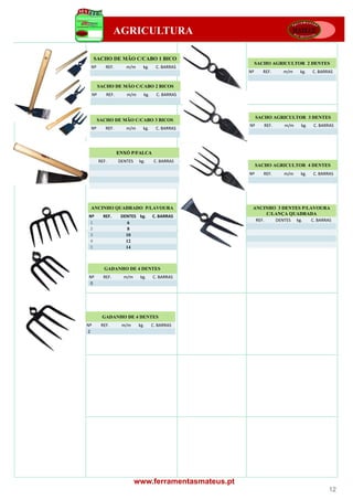 AGRICULTURA

     SACHO DE MÃO C/CABO 1 BICO
                                                             SACHO AGRICULTOR 2 DENTES
 Nº          REF.      m/m      kg.     C. BARRAS
                                                        Nº     REF.    m/m   kg.   C. BARRAS


          SACHO DE MÃO C/CABO 2 BICOS
     Nº      REF.      m/m      kg.     C. BARRAS



                                                             SACHO AGRICULTOR 3 DENTES
      SACHO DE MÃO C/CABO 3 BICOS
                                                        Nº      REF.
                                                                REF    m/m   kg.
                                                                             kg    C. BARRAS
                                                                                   C BARRAS
 Nº          REF.      m/m      kg.     C. BARRAS




                    ENXÓ P/FALCA
          REF.      DENTES    kg.      C. BARRAS
                                                             SACHO AGRICULTOR 4 DENTES
                                                        Nº      REF.   m/m   kg.   C. BARRAS




 ANCINHO QUADRADO P/LAVOURA                              ANCINHO 3 DENTES P/LAVOURA
                                                               C/LANÇA QUADRADA
Nº          REF.     DENTES kg.       C. BARRAS
                                                          REF.    DENTES kg.  C. BARRAS
1                       6
2                       8
3                      10
4                      12
5                      14



            GADANHO DE 4 DENTES
Nº          REF.      m/m     kg.     C. BARRAS
0




           GADANHO DE 4 DENTES
Nº         REF.      m/m      kg.     C. BARRAS
2




                             www.ferramentasmateus.pt
                                                                                          12
 