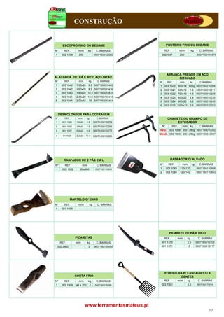 CONSTRUÇÃO


       ESCOPRO FINO OU BEDAME                                   PONTEIRO FINO OU BEDAME
Nº      REF.        m/m         kg.     C. BARRAS           REF.            m/m       kg.         C. BARRAS
1      002 1238      200              5607160012383        0021037          200                 5607160110379




                                                                ARRANCA PREGOS EM AÇO
ALAVANCA DE PÁ E BICO AÇO OITAV.                                      OITAVADO
Nº       REF.        m/m        kg.     C. BARRAS      Nº        REF.       m/m       kg.         C. BARRAS
1      003 1040    1.30x28 6.5 5607160010402           1    003 1020       500x16 500g 5607160210208
2      003 1042    1.60x28 8.5 5607160010426           2    003 1021       600x19 1.6 5607160010211
3      003 1043    1.80x28 10.5 5607160010433          3    003 1022       700x19 1.9 5607160010228
4      003 1041    2.00x28 12.5 5607160110416          4    003 1023       800x22 2.9 5607160010235
5      003 1046    2.00x32 15 5607160010464            5    003 1024       900x22 3.2 5607160010242
                                                       6    003 1025       1000x22 3.5 5607160210253


     DESMOLDADOR PARA COFRAGEM
Nº       REF.       m/m       kg.
                               g        C. BARRAS                CHAVIETE OU GRAMPO DE
1      001 1025    1.6x22     5.5     5607160010259                    ESTUCADOR
2      001 1026    1.8x22     7.5     5607160010266        Nº       REF.      m/m     kg.         C. BARRAS
3      001 1027    2.0x22     9.5     5607160010273     RED. 003 1008 200 280g 5607160010082
                                                       QUAD. 003 1300 200 280g 5607160013007
4       01 1028    2.2x22   11.5      5607160010280




        RASPADOR DE 2 PÁS EM L
                       Á                                           RASPADOR C/ ALVADO

Nº       REF.             m/m           C. BARRAS      Nº        REF.         m/m         kg.     C. BARRAS
1      002 1082       60x300           5607160110829   1        002 1083    110x120             5607160110836
                                                       2        002 1084    120x140             5607160110843




                              Ó
                MARTELO C/ ENXÓ
Nº      REF.        m/m         kg.     C. BARRAS
1      001 1606




                                                                  PICARETE DE PÁ E BICO
                  PICA BITAS                                REF.           m/m      kg.          C. BARRAS
     REF.          m/m        kg.       C. BARRAS       001 1370                  2.5           5607160013700
    000 2900                    3     5607160129005     001 1371                   3            5607160013717




                                                            FORQUILHA P/ CASCALHO C/ 8
                  CORTA FRIO                                        DENTES
Nº       REF.       m/m         kg.     C. BARRAS           REF.           m/m      kg.          C. BARRAS
1      002 1509    45 x 200     3      5607160215098    003 7001                  3.5           5607160170014




                            www.ferramentasmateus.pt
                                                                                                         17
 