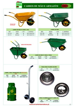 CARROS DE MÃO E ARMAZÉM




        PÉS EM TUBO
        REFORÇADO




              CARRO DE MÃO P/ CONST. CIVIL                                             CARRO DE MÃO

     REF.             RODA    LITR.    C. BARRAS                REF.                RODA           LITR.     C. BARRAS
    070 730           PNEU     90     5607160007303            070 720              PNEU            85      5607160007204
    070 731       MACIÇA       90     5607160007310            070 710             MASSIÇA          85      5607160200100




                             ABAS REFORÇADAS



                                                                PÉS EM TUBO
                                                                REFORÇADO



                                                       CARRO DE MÃO P/ GRUA 1 RODA
                                              REF.         RODA           LITR.      C. BARRAS
                                             070 744       PNEU            120      5607160000441




                                                                  RODA PNEU P/CARRO DE MÃO
                                                                REF.         m/m      kg.    C. BARRAS
                                                               70000.33                     5607160170335


CARRO PARA TRANSPORTE DE BOTIJA DE
              GÁS
  REF.    RODA    kg.    C. BARRAS
  714    150 mm    3   5607160007143




                                                              PNEU C/CAMBRA DE AR P/ CARRO DE
                                                                           MÃO
                                                               REF.         m/m      kg.     C. BARRAS
                                                              7000020                       5607160270202


                                             www.ferramentasmateus.pt                                                       22
 