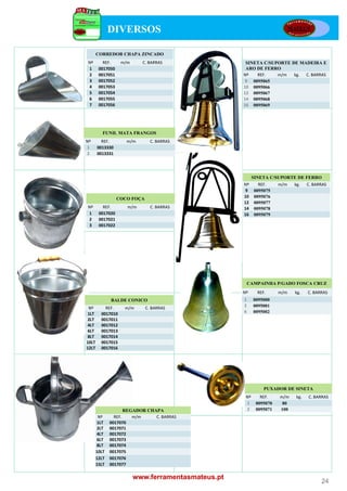 DIVERSOS

       CORREDOR CHAPA ZINCADO
Nº        REF.
          REF      m/m     C. BARRAS
                           C BARRAS                  SINETA C/SUPORTE DE MADEIRA E
1       0017050                                      ARO DE FERRO
2       0017051                                     Nº   REF.    m/m   kg. C. BARRAS
3       0017052                                     9 0095065
4       0017053                                     10 0095066
5       0017054                                     12 0095067
6       0017055                                     14 0095068
7       0017056                                     16 0095069




          FUNIL MATA FRANGOS
Nº       REF.        m/m        C. BARRAS
1      0013330
2      0013331




                                                          SINETA C/SUPORTE DE FERRO
                                                    Nº      REF.
                                                            REF      m/m   kg.
                                                                           kg     C. BARRAS
                                                                                  C BARRAS
                                                    9     0095075
                  COCO FOÇA                         10    0095076
                                                    12    0095077
Nº        REF.       m/m        C. BARRAS           14    0095078
1       0017020                                     16    0095079
2       0017021
3       0017022




                                                        CAMPAINHA P/GADO FOSCA CRUZ
                                                    Nº      REF.     m/m   kg.    C. BARRAS
              BALDE CONICO                          1     0095000
                                                    2     0095001
 Nº        REF.     m/m
                     /        C. BARRAS
1LT      0017010                                    6     0095002
2LT      0017011
4LT      0017012
6LT      0017013
8LT      0017014
10LT     0017015
12LT     0017016




                                                               PUXADOR DE SINETA
                                                     Nº      REF.    m/m    kg.   C. BARRAS
                                                     1     0095070    80
                     REGADOR CHAPA                   2     0095071   100
        Nº      REF.    m/m     C. BARRAS
       1LT    0017070
       2LT    0017071
       4LT    0017072
       6LT    0017073
       8LT    0017074
       10LT   0017075
       12LT   0017076
       15LT   0017077

                         www.ferramentasmateus.pt
                                                                                        24
 