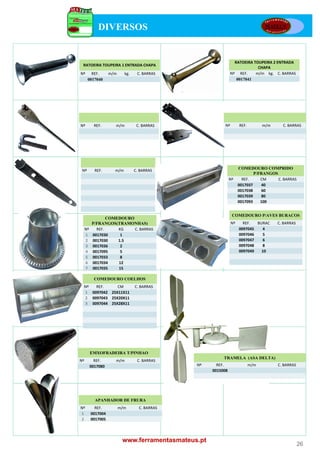 DIVERSOS


                                                                   RATOEIRA TOUPEIRA 2 ENTRADA 
 RATOEIRA TOUPEIRA 1 ENTRADA CHAPA
                                                                              CHAPA
Nº      REF.        m/m     kg.    C. BARRAS                     Nº REF.     m/m kg. C. BARRAS
      0017040                                                       0017041




Nº          REF.      m/m          C. BARRAS                Nº        REF.         m/m     C. BARRAS




                                                                      COMEDOURO COMPRIDO
 Nº         REF.
            REF       m/m         C. BARRAS
                                  C BARRAS
                                                                              P/FRANGOS
                                                                Nº      REF.     CM     C. BARRAS
                                                                      0017037    40
                                                                      0017038    60
                                                                      0017039    80
                                                                      0017093    100


                                                                 COMEDOURO P/AVES BURACOS
                  COMEDOURO
           P/FRANGOS(TRAMONHAS)                                  Nº     REF.  BURAC      C. BARRAS
     Nº      REF.     KG    C. BARRAS                                 0097045   4
     1     0017030     1                                              0097046   5
     2     0017030    1.5                                             0097047   6
     3     0017036     2                                              0097048   8
     4     0017095     5                                              0097049   10
     5     0017033     8
     6     0017034    12
     7     0017035    15

            COMEDOURO COELHOS
 Nº  REF.     CM                  C. BARRAS
 1 0097042 25X11X11
 2 0097043 25X20X11
 3 0097044 25X28X11




          EMXOFRADEIRA T/PINHAO
                                                           TRAMELA (ASA DELTA)
Nº          REF.      m/m          C. BARRAS
          0017080                               Nº      REF.                 m/m         C. BARRAS
                                                      0015008




            APANHADOR DE FRURA
Nº          REF.          m/m       C. BARRAS
1         0017004
2         0017005




                           www.ferramentasmateus.pt
                                                                                                     26
 