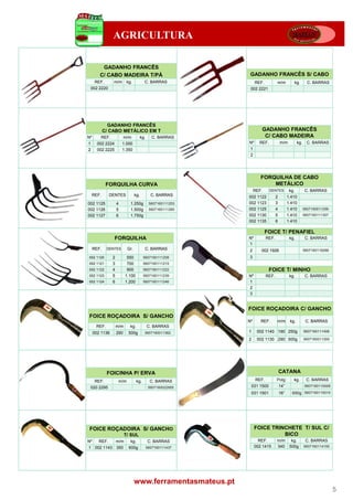 AGRICULTURA

         GADANHO FRANCÊS
        C/ CABO MADEIRA T/PÁ                                   GADANHO FRANCÊS S/ CABO
      REF.      m/m        kg.           C. BARRAS                 REF.          m/m          kg.         C. BARRAS
 002 2220                                                      002 2221




              GADANHO FRANCÊS
            C/ CABO METÁLICO EM T                                     GADANHO FRANCÊS
Nº      REF.              m/m          kg.      C. BARRAS              C/ CABO MADEIRA
1      002 2224         1.000                                 Nº     REF.            m/m          kg.    C. BARRAS
2      002 2225         1.350                                  1
                                                               2




                                                                      FORQUILHA DE CABO
             FORQUILHA CURVA                                              METÁLICO
                                                                   REF.     DENTES          kg.         C. BARRAS
    REF.      DENTES             kg.           C. BARRAS      002 1122           2         1.410
002 1125            4        1.250g           5607160111253   002 1123           3         1.410
002 1126            5        1.500g           5607160111260   002 1125           4         1.410        5607160011256
002 1127            6        1.750g                           002 1130           5         1.410        5607160111307
                                                              002 1135           6         1.410

                                                                          FOICE T/ PENAFIEL
                  FORQUILHA                                   Nº          REF.              kg.          C. BARRAS
                                                              1
     REF.    DENTES        Gr.           C. BARRAS            2       002 1926                          5607160119266

002 1120        2          550           5607160111208        3
002 1121        3          700           5607160111215
002 1122        4          900           5607160111222                     FOICE T/ MINHO
002 1123        5         1.100          5607160111239        Nº          REF.              kg.          C. BARRAS
002 1124        6         1.200          5607160111246        1
                                                              2
                                                              3


                                                              FOICE ROÇADOIRA C/ GANCHO
FOICE ROÇADOIRA S/ GANCHO
                                                              Nº      REF.       m/m        kg.          C. BARRAS
      REF.          m/m      kg.             C. BARRAS
     002 1136       290     500g         5607160011362        1     002 1140 190 250g                   5607160111406

                                                              2     002 1130 290 500g                   5607160011300




             FOICINHA P/ ERVA                                                        CATANA
      REF.           m/m           kg.         C. BARRAS           REF.          Polg:        kg.        C. BARRAS
 020 2295                                     5607160022955    031 1500              14”                5607160115008

                                                               031 1501              16”     650g 5607160115015




 FOICE ROÇADOIRA S/ GANCHO                                         FOICE TRINCHETE T/ SUL C/
                          T/ SUL                                             BICO
Nº     REF.         m/m      kg.             C. BARRAS               REF.        m/m kg.                 C. BARRAS
1 002 1143 350              600g             5607160111437         002 1415      340 500g               5607160114155




                                 www.ferramentasmateus.pt
                                                                                                                        5
 