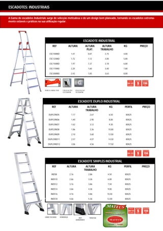 ESCADOTES: ESCADOTES: SEMI INDUSTRIAL
           INDUSTRIAIS

A Gama de escadotes Industriais surge de selecção meticulosa e de um design bem planeado, tornando os escadotes extrema-
mente estáveis e práticos na sua utilização regular.




                                                                           ESCADOTE INDUSTRIAL
                                      REF                  ALTURA               ALTURA        ALTURA         KG        PREÇO
                                                                                 PLAT.       TRABALHO
                                   ESC100IND                1,47                 0,87          2,75          4,80

                                   ESC125IND                1,72                 1,12          3,00          5,80

                                   ESC150IND                1,97                 1,37          3,18          6,80

                                   ESC175IND                2,20                 1,60          3,40          7,80

                                   ESC200IND                2,43                 1,83          3,63          8,80




                              PORTA OBJECTOS      CRAVAÇÃO         CRAVAÇAO
                                                  EXTERIOR         INTERIOR




                                                                     ESCADOTE DUPLO INDUSTRIAL
                                     REF                   ALTURA                ALTURA               KG      PERFIL    PREÇO
                                                                                TRABALHO
                                  DUPLOIND5                 1,17                   2,67               6,50     80X25

                                  DUPLOIND6                 1,40                   2,90               8,00     80X25

                                  DUPLOIND7                 1,62                   3,12               9,30     80X25

                                  DUPLOIND8                 1,86                   3,36           10,80        80X25

                                  DUPLOIND9                 2,10                   3,60           12,00        80X25

                                 DUPLOIND11                 2,57                   4,07           14,50        80X25

                                 DUPLOIND13                 3,06                   4,56           17,50        80X25




                                                                     ESCADOTE SIMPLES INDUSTRIAL
                                      REF             ALTURA                 ALTURA               KG         PERFIL     PREÇO
                                                                            TRABALHO
                                     INDS8                 2,16                   2,86           4,50         80X25

                                    INDS10                 2,66                   3,36           6,00         80X25

                                    INDS12                 3,16                   3,86           7,50         80X25

                                    INDS14                 3,66                   4,36           9,00         80X25

                                    INDS16                 4,16                   4,86           10,50        80X25

                                    INDS18                 4,66                   5,36           12,00        80X25




                              UNIÃO SOLDADA    DOBRADIÇA              ANTI        TRAVESSA
                                                                   DERRAPANTE
 
