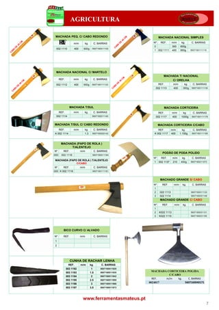 AGRICULTURA

 MACHADA PEQ. C/ CABO REDONDO                                       MACHADA NACIONAL SIMPLES

      RF
       E.         m/m      kg.      C. BARRAS                 Nº
                                                               0
                                                                      REF.      m/m
                                                                                300
                                                                                         kg.
                                                                                        600g
                                                                                                 C. BARRAS

 002 1110          400     600g    5607160011102
                                                               1 002 1111       400     850g     5607160111116




 MACHADA NACIONAL C/ MARTELO
                                                                        MACHADA T/ NACIONAL
      REF.        m/m      kg.      C. BARRAS                               C/ ORELHA
 002 1112          400     950g    5607160111123                    REF.         m/m       kg.    C. BARRAS
                                                                   002 1113      400      950g    5607160111130




               MACHADA T/SUL                                             MACHADA CORTICEIRA
      REF.        m/m      kg.      C. BARRAS                       REF.        m/m       kg.      C. BARRAS
 002 1114                          5607160011140                   002 1117     400      1000g    5607160111178


MACHADA T/SUL C/ CABO REDONDO                                       MACHADA CORTICEIRA C/CABO
      REF.        m/m      kg.      C. BARRAS                     REF.          m/m       kg.      C. BARRAS
K 002 1114                 1.3     5607160020142               K 002 1117       400     1.100g    5607160111185



       MACHADA (PAPO DE ROLA )
            T/ALENTEJO
Nº       REF.            m/m            C. BARRAS
                                                                       PODÃO DE PODA POLIDO
000    002 1116                     5607160011164
                                                              Nº      REF.       m/m     kg.      C. BARRAS
 MACHADA (PAPO DE ROLA ) T/ALENTEJO
                                                               1     002 1137    210     400g    5607160211373
              C/CABO
Nº       REF.            m/m            C. BARRAS
000 K 002 1116                      5607160111161


                                                                      MACHADO GRANDE S/ CABO
                                                              Nº       REF.      m/m      kg.     C. BARRAS
                                                              1
                                                              2      022 1113                    5607160011133
                                                              3      022 1114                    5607160031148
                                                                      MACHADO GRANDE C/ CABO
                                                              Nº  REF.            m/m     kg.     C. BARRAS
                                                              1
                                                              2 K022 1113                        5607160031131
                                                              3 K022 1115                        5607160031155




         BICO CURVO C/ ALVADO

Nº       REF.            m/m            C. BARRAS
 1
 2




                CUNHA DE RACHAR LENHA
              REF.       m/m      kg.        C. BARRAS
             003 1192              1        5607160011928
             003 1193             1.5       5607160011935
                                                              MACHADA CORTICEIRA POLIDA
                                                                       C/CABO
             003 1194              2        5607160011942
             003 1195             2.5       5607160011959
                                                              REF.   m/m    kg.   C. BARRAS
             003 1196              3        5607160011966
                                                            0024017             5607160040171
             003 1197             3.5       5607160011973




                          www.ferramentasmateus.pt
                                                                                                              7
 