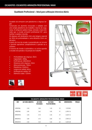 ESCADOTES: SEMI INDUSTRIAL
ESCADOTES: ESCADOTES ARMAZÉN PROFISSIONAL MAXI


            Qualidade Profissional – Ideal para utilização intensiva diária



    Escadote de armazém com plataforma e degraus lar-
    gos.
    Construído em alumínio nervurado e soldado com
    uma ampla plataforma de trabalho e barras de segu-
    rança. A rampa de subida é larga, cómoda e mais incli-
    nada que a escada armazém profissional 55º, para
    facilitar a subida e descida.
    Os degraus anti deslizantes têm uma largura especial
    de 20cm de profundidade e uma distancia 23cm um
    do outro.
    A parte de traz da escada é perpendicular ao terreno
    e permite aproximar completamente à parede ou a
    estantes.
    O sistema de travão é automático e se activa quando
    a escada esta parada e na posição de trabalho


         Profundidade dos degraus: 20cm
         Capacidade: 200kg
         Perfil lateral: 200x30mm
         Distancia entre degraus: 23cm
         Altura protecção: 100cm
         Plataforma: 53x92cm
         Largura de subida: 60cm
         Inclinação de subida: 55º
         Diâmetro rodas: 125mm




      ANTI        UNIÃO SOLDADA
   DERRAPANTE




                                         ESCADOTE ARMAZÉM PROFISSIONAL MAXI
                  REF       ALTURA ABERTA      ALTURA      ALTURA     KG      DIMENSÕES    PREÇO
                                              FECHADA    PLATAFORMA

                APROFM6           2,40          3,08         1,40     35       1,97X100

                APROFM8           2,85          3,62         1,85     41       2,29X1,16

                APROFM10          3,30          4,18         2,30     47       2,62X1,16


                APROFM12          3,80          4,74         2,80     53       2,94X1,32

                APROFM14          4,30          5,30         3,30     63       3,25X1,48


                                                        7
 