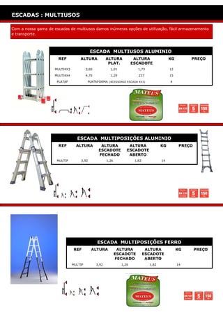 ESCADOTES: SEMI INDUSTRIAL
ESCADAS : MULTIUSOS

Com a nossa gama de escadas de multiusos damos inúmeras opções de utilização, fácil armazenamento
e transporte.



                                           ESCADA MULTIUSOS ALUMINIO
                       REF          ALTURA             ALTURA           ALTURA               KG        PREÇO
                                                        PLAT.          ESCADOTE
                     MULTI4X3            3,60            1,01             1,73               12

                     MULTI4X4            4,70            1,29             237                15

                      PLATAF              PLATAFORMA (ACESSORIO ESCADA 4X3)                  4




                                  ESCADA MULTIPOSIÇÕES ALUMINIO
                       REF        ALTURA          ALTURA            ALTURA              KG         PREÇO
                                                 ESCADOTE          ESCADOTE
                                                 FECHADO            ABERTO
                      MULTIP        3,92               1,26             1,82            14




                                                ESCADA MULTIPOSIÇÕES FERRO
                                REF         ALTURA             ALTURA           ALTURA            KG       PREÇO
                                                              ESCADOTE         ESCADOTE
                                                              FECHADO           ABERTO
                                MULTIP          3,92            1,26             1,82             14
 