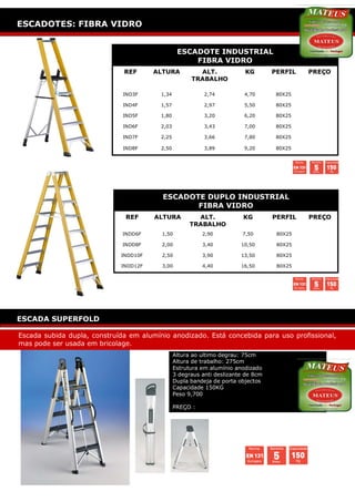 ESCADOTES: SEMI INDUSTRIAL
ESCADOTES: FIBRA VIDRO


                                                 ESCADOTE INDUSTRIAL
                                                     FIBRA VIDRO
                              REF      ALTURA           ALT.             KG        PERFIL   PREÇO
                                                      TRABALHO

                              IND3F      1,34              2,74          4,70       80X25

                              IND4F      1,57              2,97          5,50       80X25

                              IND5F      1,80              3,20          6,20       80X25

                              IND6F      2,03              3,43          7,00       80X25

                              IND7F      2,25              3,66          7,80       80X25

                              IND8F      2,50              3,89          9,20       80X25




                                         ESCADOTE DUPLO INDUSTRIAL
                                                FIBRA VIDRO
                               REF     ALTURA           ALT.             KG        PERFIL   PREÇO
                                                      TRABALHO
                              INDD6F     1,50             2,90          7,50        80X25

                              INDD8F     2,00             3,40          10,50       80X25

                             INDD10F     2,50             3,90          13,50       80X25

                             INDD12F     3,00             4,40          16,50       80X25




ESCADA SUPERFOLD

Escada subida dupla, construída em alumínio anodizado. Está concebida para uso profissional,
mas pode ser usada em bricolage.
                                                Altura ao ultimo degrau: 75cm
                                                Altura de trabalho: 275cm
                                                Estrutura em alumínio anodizado
                                                3 degraus anti deslizante de 8cm
                                                Dupla bandeja de porta objectos
                                                Capacidade 150KG
                                                Peso 9,700

                                                PREÇO :
 