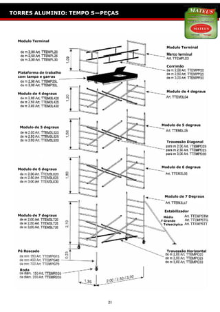 ESCADOTES: SEMI INDUSTRIAL
TORRES ALUMINIO: TEMPO S—PEÇAS




  Modulo Terminal
                                       Modulo Terminal




                                       Corrimão
  Plataforma de trabalho
  com tampa e garras



                                       Modulo de 4 degraus
  Modulo de 4 degraus




                                     Modulo de 5 degraus
   Modulo de 5 degraus



                                       Travessão Diagonal




                                     Modulo de 6 degraus
  Modulo de 6 degraus




                                      Modulo de 7 Degraus



                                      Estabilizador
  Modulo de 7 degraus                Médio
                                     Grande
                                     Telescópico




  Pé Roscado                           Travessão Horizontal




   Roda




                           21
 