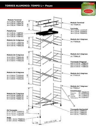 ESCADOTES: SEMI INDUSTRIAL
TORRES ALUMINIO: TEMPO L— Peças




  Modulo Terminal
                                     Modulo Terminal



                                     Corrimão
 Plataforma




                                     Modulo de 4 degraus
 Modulo de 4 degraus




                                     Modulo de 5 degraus
 Modulo de 5 degraus



                                     Travessão Diagonal




 Modulo de 6 degraus
                                     Modulo de 6 degraus




                                     Modulo de 7 degraus


                                     Estabilizador
 Modulo de 7 degraus                 Pequeno
                                     Médio
                                     Grande
                                     Telescópico




                                     Travessão Horizontal
 Pé Torneado



 Roda
 