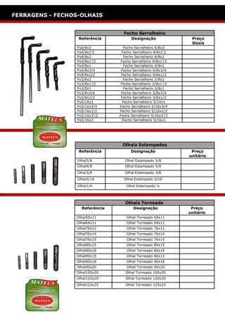 ESCADOTES: SEMI INDUSTRIAL
FERRAGENS - FECHOS-OLHAIS


                                  Fecho Serralheiro
                  Referência          Designação               Preço
                                                               Dúzia
                 Fs4/8x3           Fecho Serralheiro 4/8x3
                 Fs4/8x2’2       Fecho Serralheiro 4/8x2’2
                 Fs4/8x2           Fecho Serralheiro 4/8x2
                 Fs4/8x1’/2      Fecho Serralheiro 4/8x1’/2
                 Fs4/8x1           Fecho Serralheiro 4/8x1
                 Fs4/8x3/4       Fecho Serralheiro 4/8x3/4
                 Fs4/8x1/2       Fecho Serralheiro 4/8x1/2
                 Fs3/8x2           Fecho Serralheiro 3/8x2
                 Fs3/8x1’/2      Fecho Serralheiro 3/8x1’/2
                 Fs3/8x1           Fecho Serralheiro 3/8x1
                 Fs3/8x3/4       Fecho Serralheiro 3/8x3/4
                 Fs3/8x1/2       Fecho Serralheiro 3/8x1/2
                 Fs5/16x1         Fecho Serralheiro 5/16x1
                 Fs5/16x3/4     Fecho Serralheiro 5/16x3/4
                 Fs5/16x1/2     Fecho Serralheiro 5/16x1/2
                 Fs5/16x3’/2    Fecho Serralheiro 5/16x3’/2
                 Fs5/16x3         Fecho Serralheiro 5/16x3




                                 Olhais Estampados
                  Referência          Designação               Preço
                                                              unitário
                 Olhal5/8          Olhal Estampado 5/8
                 Olhal4/8          Olhal Estampado 4/8
                 Olhal3/8          Olhal Estampado 3/8
                 Olhal5/16        Olhal Estampado 5/16
                 Olhal1/4          Olhal Estampado ¼



                                   Olhais Torneado
                   Referência          Designação              Preço
                                                              unitário
                 Olhal50x11        Olhal Torneado 50x11
                 Olhal64x11        Olhal Torneado 64x11
                 Olhal76x12        Olhal Torneado 76x12
                 Olhal76x14        Olhal Torneado 76x14
                 Olhal76x15        Olhal Torneado 76x15
                 Olhal80x15        Olhal Torneado 80x15
                 Olhal80x18        Olhal Torneado 80x18
                 Olhal90x15        Olhal Torneado 90x15
                 Olhal90x18        Olhal Torneado 90x18
                 Olhal90x20        Olhal Torneado 90x20
                 Olhal100x20       Olhal Torneado 100x20
                 Olhal120x20       Olhal Torneado 120x20
                 Olhal125x25       Olhal Torneado 125x25
 