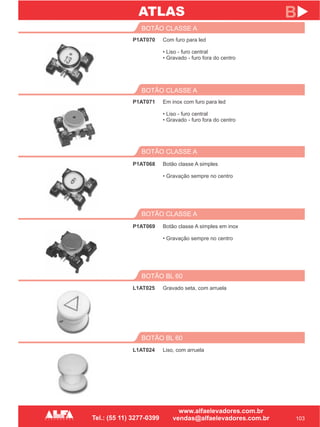 P1AT070
BOTÃO CLASSE A
BOTÃO CLASSE A
BOTÃO BL 60
P1AT068
L1AT025
103
B
Com furo para led
• Liso - furo central
• Gravado - furo fora do centro
Botão classe A simples
• Gravação sempre no centro
Gravado seta, com arruela
P1AT071
BOTÃO CLASSE A
Em inox com furo para led
• Liso - furo central
• Gravado - furo fora do centro
BOTÃO CLASSE A
P1AT069 Botão classe A simples em inox
• Gravação sempre no centro
BOTÃO BL 60
L1AT024 Liso, com arruela
ATLAS
 