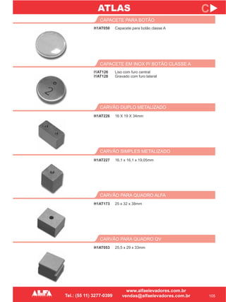 H1AT050
CAPACETE PARA BOTÃO
CARVÃO DUPLO METALIZADO
CARVÃO PARA QUADRO ALFA
H1AT226
H1AT173
105
C
Capacete para botão classe A
16 X 19 X 34mm
25 x 32 x 38mm
I1AT126
I1AT128
CAPACETE EM INOX P/ BOTÃO CLASSE A
Liso com furo central
Gravado com furo lateral
CARVÃO SIMPLES METALIZADO
H1AT227 16,1 x 16,1 x 19,05mm
CARVÃO PARA QUADRO QV
H1AT053 25,5 x 29 x 33mm
ATLAS
 