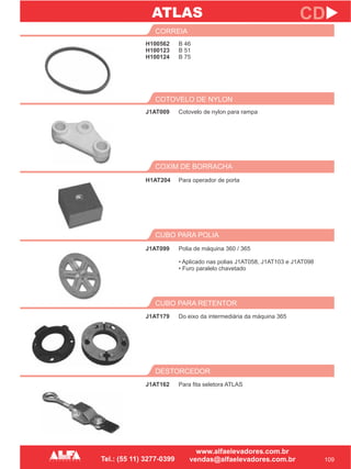H100562
H100123
H100124
CORREIA
COXIM DE BORRACHA
CUBO PARA RETENTOR
H1AT204
J1AT179
109
CD
B 46
B 51
B 75
Para operador de porta
Do eixo da intermediária da máquina 365
J1AT009
COTOVELO DE NYLON
Cotovelo de nylon para rampa
CUBO PARA POLIA
J1AT099 Polia de máquina 360 / 365
• Aplicado nas polias J1AT058, J1AT103 e J1AT098
• Furo paralelo chavetado
DESTORCEDOR
J1AT162 Para fita seletora ATLAS
ATLAS
 