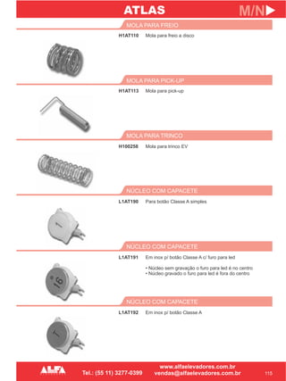 H1AT110
MOLA PARA FREIO
115
M/N
Mola para freio a disco
H1AT113
MOLA PARA PICK-UP
Mola para pick-up
NÚCLEO COM CAPACETE
L1AT192 Em inox p/ botão Classe A
ATLAS
NÚCLEO COM CAPACETE
L1AT191 Em inox p/ botão Classe A c/ furo para led
• Núcleo sem gravação o furo para led é no centro
• Núcleo gravado o furo para led é fora do centro
NÚCLEO COM CAPACETE
L1AT190 Para botão Classe A simples
MOLA PARA TRINCO
H100258 Mola para trinco EV
 