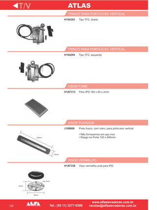 122
H104293
TRINCO PARA PORTA EIXO VERTICAL
H104294
TRINCO PARA PORTA EIXO VERTICAL
Para IPD 169 x 84 x 2mm
VISOR FUME
J100608
VISOR PUXADOR
H1AT336
VISOR VERMELHO
T/V
Tipo TF2, direito
H1AT313
Preto fosco, com vidro, para porta eixo vertical
• Não fornecemos em aço inox
• Rasgo na Porta 120 x 945mm
Visor vermelho oval para IPD
ATLAS
esp. 2mm
40mm
69mm
945mm
160mm
Tipo TF2, esquerdo
 