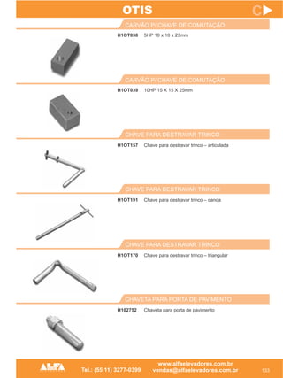 H1OT038
CARVÃO P/ CHAVE DE COMUTAÇÃO
133
C
5HP 10 x 10 x 23mm
H1OT039
CARVÃO P/ CHAVE DE COMUTAÇÃO
10HP 15 X 15 X 25mm
CHAVETA PARA PORTA DE PAVIMENTO
H102752 Chaveta para porta de pavimento
OTIS
CHAVE PARA DESTRAVAR TRINCO
H1OT170 Chave para destravar trinco – triangular
CHAVE PARA DESTRAVAR TRINCO
H1OT191 Chave para destravar trinco – canoa
CHAVE PARA DESTRAVAR TRINCO
H1OT157 Chave para destravar trinco – articulada
 
