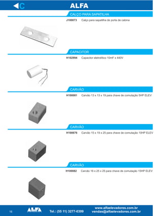 16
J100073
CALÇO PARA SAPATILHA
Capacitor eletrolítico 10mF x 440V
CAPACITOR
H100081
CARVÃO
H100676
CARVÃO
C
Calço para sapatilha de porta de cabina
H102994
Carvão 13 x 13 x 19 para chave de comutação 5HP ELEV
Carvão 15 x 19 x 25 para chave de comutação 10HP ELEV
H100082
CARVÃO
Carvão 16 x 25 x 25 para chave de comutação 15HP ELEV
 