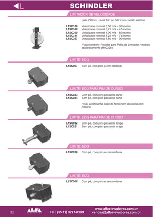 172
L1SC310
L1SC308
L1SC309
L1SC311
L1SC307
LIMITADOR DE VELOCIDADE
Com pé, com pino passante curto
Sem pé, com pino passante curto
• Não acompanha base de ferro nem alavanca com
roldana
LIMITE EOG PARA FIM DE CURSO
L1SC022
L1SC021
LIMITE EOG PARA FIM DE CURSO
L1SC016
LIMITE EOG
L
Velocidade nominal 0,50 m/s – 30 m/min
Velocidade nominal 0,75 m/s – 45 m/min
Velocidade nominal 1,00 m/s – 60 m/min
Velocidade nominal 1,25 m/s – 75 m/min
Velocidade nominal 1,50 m/s – 90 m/min
• Veja também: Protetor para Polia do Limitador, vendido
separadamente (I100225)
L1SC023
L1SC024
Com pé, com pino passante longo
Sem pé, com pino passante longo
Com pé, com pino e com roldana
SCHINDLER
L1SC006
LIMITE EOG
Com pé, com pino e sem roldana
Sem pé, com pino e com roldana
LIMITE EOG
L1SC007
polia 290mm, canal ou 3/8¨ com contato elétrico1/4¨
 