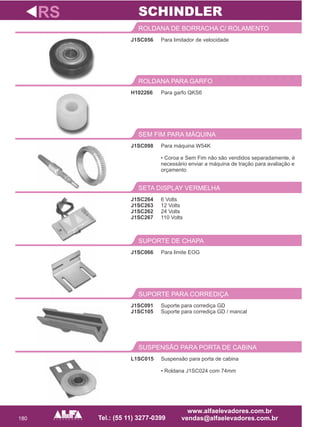 180
J1SC056
ROLDANA DE BORRACHA C/ ROLAMENTO
Para máquina W54K
• Coroa e Sem Fim não são vendidos separadamente, é
necessário enviar a máquina de tração para avaliação e
orçamento
SEM FIM PARA MÁQUINA
J1SC264
J1SC263
J1SC262
J1SC267
SETA DISPLAY VERMELHA
RS
Para limitador de velocidade
J1SC098
6 Volts
12 Volts
24 Volts
110 Volts
SCHINDLER
Para garfo QKS6
ROLDANA PARA GARFO
H102266
Para limite EOG
SUPORTE DE CHAPA
J1SC091
J1SC105
SUPORTE PARA CORREDIÇA
J1SC066
Suporte para corrediça GD
Suporte para corrediça GD / mancal
L1SC015
SUSPENSÃO PARA PORTA DE CABINA
Suspensão para porta de cabina
• Roldana J1SC024 com 74mm
 