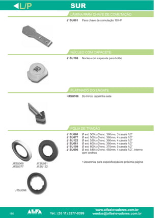186
J1SU001
LÂMINA PARA CHAVE DE COMUTAÇÃO
Do trinco capelinha seta
PLATINADO DO ENGATE
J1SU068
J1SU077
J1SU122
J1SU081
J1SU109
J1SU096
POLIA DE TRAÇÃO
L/P
Para chave de comutação 10 HP
H1SU108
Ø ext. 500 x Ø enc. 390mm, 3 canais
Ø ext. 500 x Ø enc. 390mm, 4 canais 1/2¨
Ø ext. 550 x Ø enc. 390mm, 4 canais 1/2¨
Ø ext. 600 x Ø enc. 390mm, 4 canais 1/2¨
Ø ext. 800 x Ø enc. 370mm, 5 canais 1/2¨
Ø ext. 540 x Ø enc. 450mm, 4 canais 1/2¨, interno
com orelhas
• Desenhos para especificação na próxima página
1/2¨
SUR
Núcleo com capacete para botão
NÚCLEO COM CAPACETE
J1SU106
J1SU068
J1SU077
J1SU081
J1SU122
J1SU096
 