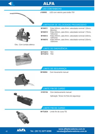 42
J100093
LED COM RABICHO
Polia 240mm, cabo 8mm, velocidade nominal 1,50m/s,
90m/min
Polia 240mm, cabo 8mm, velocidade nominal 1,75m/s,
105m/min
Polia 240mm, cabo 8mm, velocidade nominal 2,00m/s,
120m/min
Polia 240mm, cabo 8mm, velocidade nominal 2,50m/s,
150m/min
LIMITADOR DE VELOCIDADE PROGRESSIVO
M1TU011
M1TU012
LIMITE DE EMERGÊNCIA
H105154
LIMITE FIM DE CURSO
L
LED com rabicho para botão 75V
M1NI011
M1NI012
M1NI013
M1NI010
Com destravamento manual
Aplicação: Tensor do freio de segurança
Obs.: Com contato elétrico
M1NI004
LIMITE DE SEGURANÇA
Com travamento manual
M1TU034
LIMITE FIM DE CURSO
Limite fim de curso TD
 