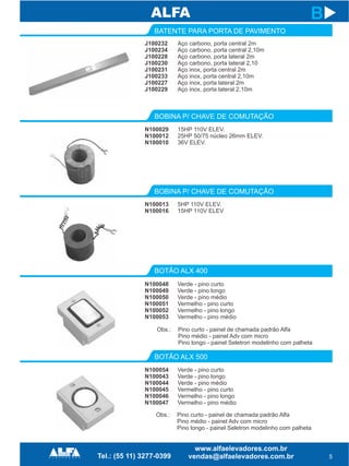 BATENTE PARA PORTA DE PAVIMENTO
BOBINA P/ CHAVE DE COMUTAÇÃO
BOBINA P/ CHAVE DE COMUTAÇÃO
BOTÃO ALX 400
BOTÃO ALX 500
Verde pino curto
Verde - pino longo
Verde - pino médio
Vermelho - pino curto
Vermelho - pino longo
Vermelho - pino médio
-
5
B
N100054
N100043
N100044
N100045
N100046
N100047
Verde - pino curto
Verde - pino longo
Verde - pino médio
Vermelho - pino curto
Vermelho - pino longo
Vermelho - pino médio
N100048
N100049
N100050
N100051
N100052
N100053
5HP 110V ELEV.
15HP 110V ELEV
N100013
N100016
15HP 110V ELEV.
25HP 50/75 núcleo 26mm ELEV.
36V ELEV.
N100029
N100012
N100010
Aço carbono, porta central 2m
Aço carbono, porta central 2,10m
Aço carbono, porta lateral 2m
Aço carbono, porta lateral 2,10
Aço inox, porta central 2m
Aço inox, porta central 2,10m
Aço inox, porta lateral 2m
Aço inox, porta lateral 2,10m
J100232
J100234
J100228
J100230
J100231
J100233
J100227
J100229
Obs.: Pino curto - painel de chamada padrão Alfa
Pino médio - painel Adv com micro
Pino longo - painel Seletron modelinho com palheta
Obs.: Pino curto - painel de chamada padrão Alfa
Pino médio - painel Adv com micro
Pino longo - painel Seletron modelinho com palheta
 