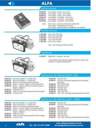 6
Com Led 110V-10K
Com Led 12V-470R
Com Led 24V-1K5
Com Led 75V-4K7
Com Led c/ diodo
Obs.: Somente para botoeiras Alfa
BOTÃO ALX 600
BOTÃO MX ALFA
BOTÃO MX
BOTÃO ALX 700 CÔNCAVO INOX - AZUL
BOTÃO ALX 700 CÔNCAVO INOX - VERDE
B
L1SC299
L1SC302
L1SC303
L1SC298
L1SC300
Botão MX - simples
• esse botão é fabricado p/ botoeiras ALFA o núcleo não
substitui o modelo SCHINDLER
- sem ledL1SC297
Sem iluminação c/ 1 contato NA
Sem iluminação c/ 1 contato NF
Diodo p/ comando microprocessado
Diodo + resistor 150R p/ comando Sectron
Diodo + resistor 470R p/ comando Simpac /
Eletem / Addtech
470R12V GC+
470R 12V chamada separada da iluminação
1K5 24V GC+
N100132
N100133
N100184
N100135
N100136
N100137
N100138
N100139
Inox polido - verde pino curto
Inox polido - verde - pino longo
Inox polido - verde - pino médio
Inox polido - vermelho - pino curto
Inox polido - vermelho - pino longo
Inox polido - vermelho - pino médio
-N100122
N100124
N100123
N100119
N100121
N100120
1K5 24V GC-
1K5 24V chamada separada da iluminação
Scanchip
4K7 50/75V GC+
4K7 50/75V GC-
10K 90V GC+
10K 90V GC-
12K 130V GC+
12K 130V chamada separada da Iluminação
N100140
N100141
N100142
N100143
N100144
N100145
N100146
N100147
Sem iluminação c/ 1 contato NA
Sem iluminação c/ 1 contato NF
Diodo p/ comando microprocessado
Diodo + resistor 150R p/ comando Sectron
Diodo + resistor 470R p/ comando Simpac /
Eletem / Addtech
470R 12V GC+
470R 12V chamada separada da Iluminação
1K5 24V GC+
N100148
N100149
N100150
N100151
N100152
N100153
N100154
N100155
1K5 24V GC-
1K5 24V chamada separada da Iluminação
Scanchip
4K7 50/75V GC+
4K7 50/75 GC-
10K 90V GC+
10K 90V GC-
12K 130V GC+
12K 130V chamada separada da iluminação
N100160
N100161
N100162
N100163
N100164
N100165
N100166
N100167
Obs.: Pino curto - painel de chamada padrão Alfa
Pino médio - painel Adv com micro
Pino longo - painel Seletron modelinho com palheta
 