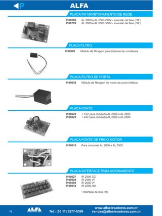 74
I100598
I100729
PLACA FIF MONITORAMENTO DE REDE
I100600
PLACA FILTRO
Módulo de filtragem de motor de porta trifásico
PLACA FILTRO DE PORTA
I100622
I100623
PLACA FONTE
I100619
PLACA FONTE DE FREIO MOTOR
P
AL 2000 e AL 2500 220V - inversão de fase (FIF)
AL 2000 e AL 2500 380V - inversão de fase (FIF)
Módulo de filtragem para bobinas de contatores
I100638
+ 10V para comando AL 2000 e AL 2500
+ 24V para comando AL 2000 e AL 2500
Para comando AL 2000 e AL 2500
I100627
I100628
I100594
I100618
PLACA INTERFACE PARA ACIONAMENTO
IR 2500 CC
IR 2500 VF
IR 2000 VF
IR 2000 HD
• Interface de rele (IR)
 