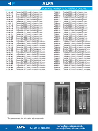 80
PORTA DE PAVIMENTO AUTOMÁTICA LATERAL
P
P100140
P100141
P100142
P100143
P100144
P100145
P100211
P100146
P100147
P100148
P100149
P100150
P100151
P100152
P100153
P100154
P100155
P100156
P100157
P100158
P100159
P100160
P100212
P100161
P100162
P100163
P100164
P100165
P100166
P100167
P100168
P100169
Esquerda 0700mm 2 folhas aço inox
Esquerda 0800mm 2 folhas aço inox
Esquerda 0900mm 2 folhas aço inox
Esquerda 1000mm 2 folhas aço inox
Esquerda 1100mm 2 folhas aço inox
Esquerda 1200mm 2 folhas aço inox
Esquerda 0700mm 3 folhas aço inox
Esquerda 0800mm 3 folhas aço inox
Esquerda 0900mm 3 folhas aço inox
Esquerda 1000mm 3 folhas aço inox
Esquerda 1100mm 3 folhas aço inox
Esquerda 1200mm 3 folhas aço inox
Esquerda 1300mm 3 folhas aço inox
Esquerda 1400mm 3 folhas aço inox
Esquerda 1500mm 3 folhas aço inox
Esquerda 1600mm 3 folhas aço inox
Esquerda 0700mm 2 folhas aço carbono
Esquerda 0800mm 2 folhas aço carbono
Esquerda 0900mm 2 folhas aço carbono
Esquerda 1000mm 2 folhas aço carbono
Esquerda 1100mm 2 folhas aço carbono
Esquerda 1200mm 2 folhas aço carbono
Esquerda 0700mm 3 folhas aço carbono
Esquerda 0800mm 3 folhas aço carbono
Esquerda 0900mm 3 folhas aço carbono
Esquerda 1000mm 3 folhas aço carbono
Esquerda 1100mm 3 folhas aço carbono
Esquerda 1200mm 3 folhas aço carbono
Esquerda 1300mm 3 folhas aço carbono
Esquerda 1400mm 3 folhas aço carbono
Esquerda 1500mm 3 folhas aço carbono
Esquerda 1600mm 3 folhas aço carbono
P100170
P100171
P100172
P100173
P100174
P100175
P100209
P100176
P100177
P100178
P100179
P100180
P100181
P100182
P100183
P100184
P100185
P100186
P100187
P100188
P100189
P100190
P100210
P100191
P100192
P100193
P100194
P100195
P100196
P100197
P100198
P100199
Direita 0700mm 2 folhas aço inox
Direita 0800mm 2 folhas aço inox
Direita 0900mm 2 folhas aço inox
Direita 1000mm 2 folhas aço inox
Direita 1100mm 2 folhas aço inox
Direita 1200mm 2 folhas aço inox
Direita 0700mm 3 folhas aço inox
Direita 0800mm 3 folhas aço inox
Direita 0900mm 3 folhas aço inox
Direita 1000mm 3 folhas aço inox
Direita 1100mm 3 folhas aço inox
Direita 1200mm 3 folhas aço inox
Direita 1300mm 3 folhas aço inox
Direita 1400mm 3 folhas aço inox
Direita 1500mm 3 folhas aço inox
Direita 1600mm 3 folhas aço inox
Direita 0700mm 2 folhas aço carbono
Direita 0800mm 2 folhas aço carbono
Direita 0900mm 2 folhas aço carbono
Direita 1000mm 2 folhas aço carbono
Direita 1100mm 2 folhas aço carbono
Direita 1200mm 2 folhas aço carbono
Direita 0700mm 3 folhas aço carbono
Direita 0800mm 3 folhas aço carbono
Direita 0900mm 3 folhas aço carbono
Direita 1000mm 3 folhas aço carbono
Direita 1100mm 3 folhas aço carbono
Direita 1200mm 3 folhas aço carbono
Direita 1300mm 3 folhas aço carbono
Direita 1400mm 3 folhas aço carbono
Direita 1500mm 3 folhas aço carbono
Direita 1600mm 3 folhas aço carbono
* Portas especiais são fabricadas sob encomenda
 