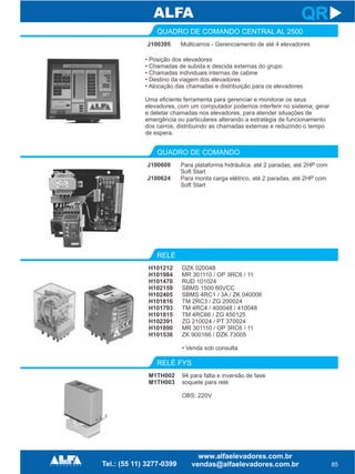 J100395
QUADRO DE COMANDO CENTRAL AL 2500
85
QR
Multicarros - Gerenciamento de até 4 elevadores
J100609
J100624
QUADRO DE COMANDO
Para plataforma hidráulica, até 2 paradas, até 2HP com
Soft Start
Para monta carga elétrico, até 2 paradas, até 2HP com
Soft Start
• Posição dos elevadores
• Chamadas de subida e descida externas do grupo
• Chamadas individuais internas de cabine
• Destino da viagem dos elevadores
• Alocação das chamadas e distribuição para os elevadores
Uma eficiente ferramenta para gerenciar e monitorar os seus
elevadores, com um computador podemos interferir no sistema, gerar
e deletar chamadas nos elevadores, para atender situações de
emergência ou particulares alterando a estratégia de funcionamento
dos carros, distribuindo as chamadas externas e reduzindo o tempo
de espera.
H101212
H101984
H101470
H102159
H102405
H101816
H101793
H101815
H102391
H101890
H101536
RELÉ
DZK 020048
MR 301110 / OP 3RC6 / 11
RUD 101024
SBMS 1500 60VCC
SBMS 4RC1 / 3A / ZK 040006
TM 2RC3 / ZG 200024
TM 4RC4 / 400048 / 410048
TM 4RC66 / ZG 450125
ZG 210024 / PT 370024
MR 301110 / OP 3RC6 / 11
ZK 900166 / DZK 73005
• Venda sob consulta
M1TH002
M1TH003
RELÉ FYS
94 para falta e inversão de fase
soquete para relé
OBS: 220V
 
