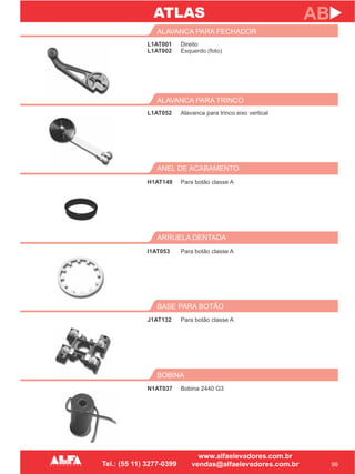 L1AT001
L1AT002
ALAVANCA PARA FECHADOR
ANEL DE ACABAMENTO
BASE PARA BOTÃO
H1AT149
J1AT132
99
AB
Direito
Esquerdo (foto)
Para botão classe A
Para botão classe A
L1AT052
ALAVANCA PARA TRINCO
Alavanca para trinco eixo vertical
ARRUELA DENTADA
I1AT053 Para botão classe A
BOBINA
N1AT037 Bobina 2440 G3
ATLAS
 