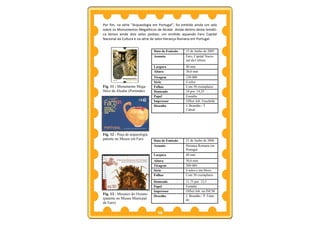 Por fim, na série “Arqueologia em Portugal”, foi emitido ainda um selo
sobre os Monumentos Megalíticos de Alcalar. Ainda dentro desta temáti-
ca temos ainda dois selos postais: um emitido aquando Faro Capital
Nacional da Cultura e na série de selos Herança Romana em Portugal.


                                Data de Emissão   15 de Junho de 2005
                                Assunto           Faro, Capital Nacio-
                                                  nal da Cultura
                                Largura           40 mm
                                Altura            30,6 mm
                                Tiragem           230 000
                                Série             4 selos
Fig. 11 - Monumento Mega-       Folhas            Com 50 exemplares
lítico de Alcalar (Portimão)    Denteado          14 por 14,25
                                Papel             Esmalte
                                Impressor         Offset Joh. Enschéde
                                Desenho           J. Brandão / T.
                                                  Cabral




Fig. 12 - Peça de arqueologia
patente no Museu em Faro        Data de Emissão   21 de Junho de 2006
                                Assunto           Herança Romana em
                                                  Portugal
                                Largura           40 mm
                                Altura            30,6 mm
                                Tiragem           300 000
                                Série             4 selos e um bloco
                                Folhas            Com 50 exemplares
                                Denteado          11,75 por 12,5
                                Papel             Esmalte
                                Impressor         Offset Joh. na INCM
Fig. 13 - Mosaico do Oceano                       J. Brandão / P. Falar-
                                Desenho
(patente no Museu Municpal                        do
de Faro)

                                  16
 