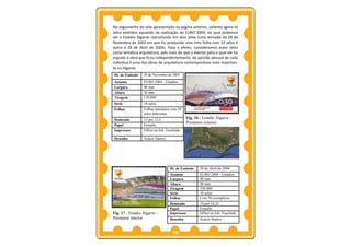 No seguimento do selo apresentado na página anterior, saliento agora os
selos emitidos aquando da realização do EURO 2004, no qual podemos
ver o Estádio Algarve reproduzido em dois selos (uma emissão de 28 de
Novembro de 2003 em que foi produzida uma mini folha com 10 selos e
outro a 28 de Abril de 2004). Para o efeito, consideramos estes selos
como temática arquitetura, pois mais do que o evento para o qual ele foi
erguido a obra que ficou independentemente, da opinião pessoal de cada
indivíduo é uma das obras de arquitetura contemporânea mais importan-
te no Algarve.
Dt. de Emissão    28 de Novembro de 2003

Assunto           EURO 2004 - Estádios
Largura           40 mm
Altura            30 mm
Tiragem           120 000
Série             10 selos
Folhas            Folhas miniatura com 10
                  selos diferentes
Denteado          12 por 12,5               Fig. 16 - Estádio Algarve -
                                            Pormenor exterior
Papel             Esmalte
Impressor         Offset na Joh. Enschéde

Desenho           Acácio Santos




                                  Dt. de Emissão    28 de Abril de 2004
                                  Assunto           EURO 2004 - Estádios
                                  Largura           40 mm
                                  Altura            30 mm
                                  Tiragem           350 000
                                  Série             10 selos
                                  Folhas            Com 50 exemplares
                                  Denteado          14 por 14,25
                                  Papel             Esmalte
Fig. 17 - Estádio Algarve -       Impressor         Offset na Joh. Enschéde
Pormenor interior                 Desenho           Acácio Santos


                                    18
 