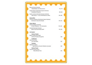 Manuel Garcia (Huelva)
   Modalidades de Colecionismo                       76 a 79
Sandra Santos (Vila Real de Santo António)
   Campeões Olímpicos                                80 a 82
Sandra Santos (Vila Real de Santo António)
   João Paulo II – O seu Pontificado em Selos       83 a 86

Maximafilia
Francisco Galveias (Vila Real de Santo António)
    Animais em vias de extinção                     87 a 91

Classe Aberta
António Moguer (Huelva)
    Os Reis Católicos - O V Centenário              92 a 96
Heredia Machado (Huelva)
   Marcas de Automóveis SEAT                        97 a 99

Um Quadro
    Inteiros Postais
Álvaro Paixão (Portimão)
    Inteiros Postais de Espanha                        100
    Tradicional
José Pinto (Faro)
    Cruz Vermelha                                      101
    Temática
Sebástian Cabeza
       Apontamento literário filatélico ilustrado      102
    História Postal
Francisco Paiva (Faro)
         Marcofilia de Faro                            103




                                     7
 