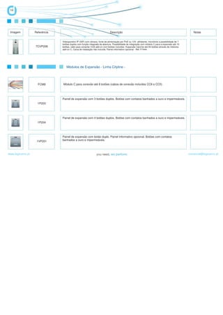 10




 Imagem            Referência                                                 Descrição                                                                  Notas


                                Videoporteiro IP (SIP) com câmara, fonte de alimentação por PoE ou 12V, altifalante, microfone e possibilidade de 7
                                botões duplos com função integrada de abertura. Possibilidade de integração com módulo C para a expansão até 10
                   7CVP206      botões, cabo para conectar CC8 add-on com botões incluídos. Expansão máxima até 64 botões através de módulos
                                add-on C. Caixa de instalação não incluída. Painel informativo opcional - Ref. F7444.




                                   Módulos de Expansão - Linha Cityline -




                     FCM8       Módulo C para conexão até 8 botões (cabos de conexão incluídos CC8 e CC5)




                                Painel de expansão com 3 botões duplos. Botões com contatos banhados a ouro e impermeáveis.
                     1P203




                                Painel de expansão com 4 botões duplos. Botões com contatos banhados a ouro e impermeáveis.
                     1P204




                                Painel de expansão com botão duplo. Painel informativo opcional. Botões com contatos
                    1VP201      banhados a ouro e impermeáveis.



www.logicamix.pt                                                                                                                                      comercial@logicamix.pt
 
