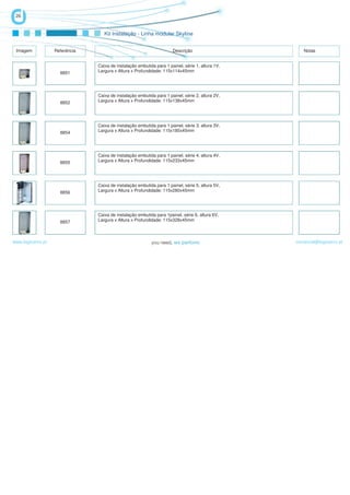 26


                                   Kit Instalação - Linha modular Skyline


 Imagem            Referência                                         Descrição                      Notas


                                Caixa de instalação embutida para 1 painel, série 1, altura 1V,
                     8851       Largura x Altura x Profundidade: 115x114x45mm




                                Caixa de instalação embutida para 1 painel, série 2, altura 2V,
                     8852       Largura x Altura x Profundidade: 115x138x45mm




                                Caixa de instalação embutida para 1 painel, série 3, altura 3V,
                     8854       Largura x Altura x Profundidade: 115x185x45mm




                                Caixa de instalação embutida para 1 painel, série 4, altura 4V,
                     8855       Largura x Altura x Profundidade: 115x233x45mm




                                Caixa de instalação embutida para 1 painel, série 5, altura 5V,
                     8856       Largura x Altura x Profundidade: 115x280x45mm




                                Caixa de instalação embutida para 1painel, série 6, altura 6V,
                     8857       Largura x Altura x Profundidade: 115x328x45mm



www.logicamix.pt                                                                                  comercial@logicamix.pt
 