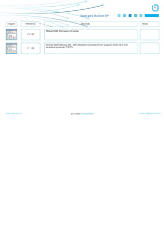 35


                                                                   Opção para BlueGate SIP


 Imagem            Referência                                       Descrição                                               Notas


                                Módulo OGM (Mensagem de saída)
                    112105




                                Servidor SMS SW para até 1.000 utilizadores (compatível com qualquer cliente de e-mail
                    111109      através do protocolo TCP/IP)




www.logicamix.pt                                                                                                         comercial@logicamix.pt
 