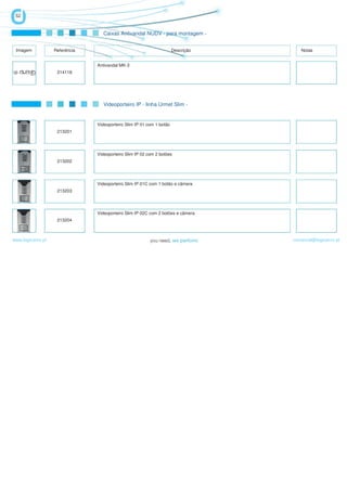 52


                                   Caixas Antivandal NUDV - para montagem -


 Imagem            Referência                                          Descrição      Notas


                                Antivandal MK-3
                    214118




                                   Videoporteiro IP - linha Urmet Slim -


                                Videoporteiro Slim IP 01 com 1 botão
                    213201




                                Videoporteiro Slim IP 02 com 2 botões
                    213202




                                Videoporteiro Slim IP 01C com 1 botão e câmera
                    213203




                                Videoporteiro Slim IP 02C com 2 botões e câmera
                    213204



www.logicamix.pt                                                                   comercial@logicamix.pt
 