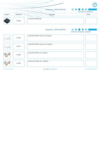 55


                                                             Acessórios - IPDP SLIM RFID
                                                                                                        conversores e repetidores

 Imagem            Referência                                        Descrição                                         Notas


                                Conversor RS485/USB
                    213322




                                                             Acessórios - IPDP SLIM RFID
                                                                                           cartões de identificação e pingentes


                                Cartão EM 125kHz, branco (min. 200 pcs).
                    213350




                                Cartão EM 125kHz, branco (min. 1000 pcs).
                    213351




                                Key fob EM 125kHz (min. 200 pcs).
                    213352




                                Key fob EM 125kHz (min. 1000 pcs).
                    213353



www.logicamix.pt                                                                                                   comercial@logicamix.pt
 