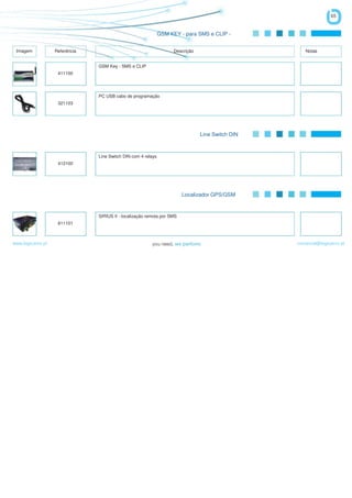 65


                                                               GSM KEY - para SMS e CLIP -


 Imagem            Referência                                        Descrição                        Notas


                                GSM Key - SMS e CLIP
                    411100




                                PC USB cabo de programação
                    321103




                                                                                 Line Switch DIN



                                Line Switch DIN com 4 relays
                    412100




                                                                         Localizador GPS/GSM



                                SIRIUS II - localização remota por SMS
                    611101



www.logicamix.pt                                                                                   comercial@logicamix.pt
 