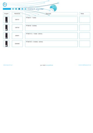68
                                                                                NO
                                                                                 VO
                                   Porteiros IP - linha A-Bell -


 Imagem            Referência                                       Descrição            Notas


                                IP Bell 01 - 1 botão.
                    220101




                                IP Bell 02 - 2 botões.
                    220102




                                IP Bell 01 C - 1 botão - câmera.
                    220201




                                IP Bell 02 C - 2 botões - câmera.
                   2220202




www.logicamix.pt                                                                      comercial@logicamix.pt
 