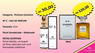 Nº 5 – EAU DE PARFUM
Tamanho 15ml
Floral Amadeirado – Moderado
NOTAS OLFATIVAS
Floral-aldeído, um buquê
de flores abstratas com uma
feminidade indefinível.
50ml
Categoria: Perfume Feminino
 