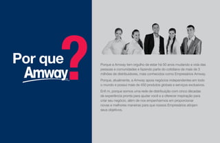 Por que Porque a Amway tem orgulho de estar há 50 anos mudando a vida das
pessoas e comunidades e fazendo parte do cotidiano de mais de 3
milhões de distribuidores, mais conhecidos como Empresários Amway.
Porque, atualmente, a Amway apoia negócios independentes em todo
o mundo e possui mais de 450 produtos globais e serviços exclusivos.
Enfi m, porque somos uma rede de distribuição com cinco décadas
de experiência pronta para ajudar você e a oferecer inspiração para
criar seu negócio, além de nos empenharmos em proporcionar
novas e melhores maneiras para que nossos Empresários atinjam
seus objetivos.
 