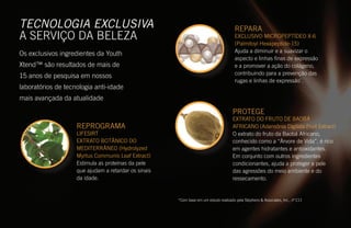 TECNOLOGIA EXCLUSIVA
A SERVIÇO DA BELEZA
Os exclusivos ingredientes da Youth
Xtend™ são resultados de mais de
15 anos de pesquisa em nossos
laboratórios de tecnologia anti-idade
mais avançada da atualidade
REPROGRAMA
LIFESIRT
EXTRATO BOTÂNICO DO
MEDITERRÂNEO (Hydrolyzed
Myrtus Communis Leaf Extract)
Estimula as proteínas da pele
que ajudam a retardar os sinais
da idade.
REPARA
EXCLUSIVO MICROPEPTÍDEO X-6
(Palmitoyl Hexapeptide-15)
Ajuda a diminuir e a suavizar o
aspecto e linhas finas de expressão
e a promover a ação do colágeno,
contribuindo para a prevenção das
rugas e linhas de expressão*
.
PROTEGE
EXTRATO DO FRUTO DE BAOBÁ
AFRICANO (Adansônia Digitata Fruit Extract)
O extrato do fruto da Baobá Africano,
conhecido como a “Àrvore de Vida”, é rico
em agentes hidratantes e antioxidantes.
Em conjunto com outros ingredientes
condicionantes, ajuda a proteger a pele
das agressões do meio ambiente e do
ressecamento.
*Com base em um estudo realizado pela Stephens & Associates, Inc., nº C11
 