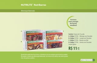 AlimentaçãoBalanceada
NUTRILITE™
Nutribarras
R$11,50
Contém 3 barras de 25 g cada
A. Código 257502 – Morango com Chocolate
B. Código 257503 – Laranja com Chocolate
C. Código 257504 – Banana com Mel
D. Código 257505 – Ameixa com Chocolate
Contém glúten
A C
B D
Quando bate aquela fome fora de hora, as Nutribarras são uma excelente opção de lanche saudável.
Elas ajudam a manter uma alimentação balanceada. Com menos de 85 calorias, não contêm gordura
trans, são gostosas e práticas.
Fornece
mais energia
de forma
saudável
cada
31
 