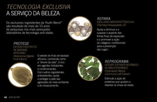 TECNOLOGIA EXCLUSIVA
A SERVIÇO DA BELEZA
Os exclusivos ingredientes da Youth Xtend™
são resultado de mais de 15 anos
de pesquisas nos mais avançados
laboratórios de tecnologia anti-idade.
REPROGRAMA
LIFESIRT EXTRATO BOTÂNICO
DO MEDITERRÂNEO
(Hydrolyzed Myrtus
Communis Leaf Extract)
Estimula a ação de
proteínas que ajudam a
retardar os sinais da idade.
REPARA
EXCLUSIVO MICROPEPTÍDEO X-6
(Palmitoyl Hexapeptide-15)
Ajuda a diminuir e a
suavizar o aspecto das
linhas finas de expressão
e a promover a ação
do colágeno, contribuindo
para a prevenção
das rugas*
.
PROTEGE
EXTRATO DO FRUTO
DE BAOBAB
AFRICANO
(Adansonia Digitata
Fruit Extract)
O extrato do fruto de baobab
africano, conhecida como
a “árvore da vida”, é rico
em agentes hidratantes
e condicionantes.
Com outros ingredientes
antioxidantes, ajuda
a proteger a pele das
agressões do meio ambiente
e do ressecamento.
42
 