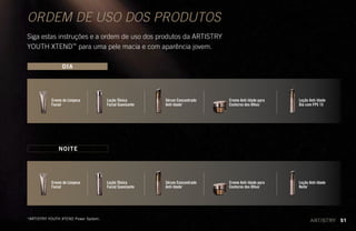ORDEM DE USO DOS PRODUTOS
Siga estas instruções e a ordem de uso dos produtos da ARTISTRY
YOUTH XTEND™
para uma pele macia e com aparência jovem.
DIA
Loção Tônica
Facial Suavizante
Creme de Limpeza
Facial
Sérum Concentrado
Anti-Idade*
Creme Anti-Idade para
Contorno dos Olhos*
Loção Anti-Idade
Dia com FPS 15
NOITE
Loção Tônica
Facial Suavizante
Creme de Limpeza
Facial
Sérum Concentrado
Anti-Idade*
Creme Anti-Idade para
Contorno dos Olhos*
Loção Anti-Idade
Noite*
*ARTISTRY YOUTH XTEND Power System.
51
 