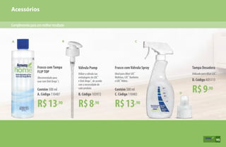 Acessórios
A B C
D
Complementoparaummelhorresultado
95
B. Código 103972
Utilize a válvula nas
embalagens de LOC™
e Dish Drops™
, de acordo
com a necessidade de
cada produto.
Válvula Pump
R$8,90
R$13,90
Frasco comTampa
FLIPTOP
(Recomendado para
usar com Dish Drops™
).
Contém 500 ml
A. Código 110487
R$9,90
Tampa Dosadora
Utilizado para diluir LOC™
.
D. Código AD5113
R$13,90
Frasco comVálvula Spray
Ideal para diluir LOC™
Multiúso, LOC™
Banheiro
e LOC™
Vidros.
Contém 500 ml
C. Código 110483
95
 