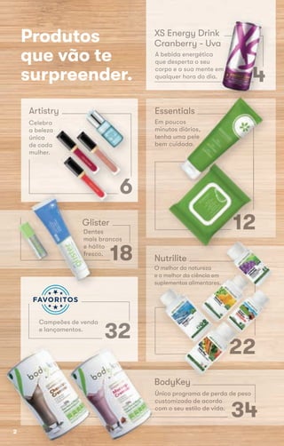 Produtos
que vão te
surpreender.
XS Energy Drink
Cranberry - Uva
A bebida energética
que desperta o seu
corpo e a sua mente em
qualquer hora do dia.
4
Essentials
Em poucos
minutos diários,
tenha uma pele
bem cuidada.
1212
Essentials
Em poucos
minutos diários,
tenha uma pele
bem cuidada.
tenha uma pele
bem cuidada.
NutriliteNutrilite
22
O melhor da natureza
e o melhor da ciência eme o melhor da ciência em
suplementos alimentares.suplementos alimentares.
e o melhor da ciência em
suplementos alimentares.suplementos alimentares.
22
suplementos alimentares.suplementos alimentares.suplementos alimentares.suplementos alimentares.suplementos alimentares.
22222222
BodyKeyBodyKey
Único programa de perda de peso
customizado de acordo
com o seu estilo de vida.
3434
Campeões de venda
e lançamentos.
32
BodyKey
Único programa de perda de peso
customizado de acordo
com o seu estilo de vida.
18
Artistry
Celebra
a beleza
única
de cada
mulher.
6
Glister
Dentes
mais brancos
e hálito
fresco.
Glister
Dentes
mais brancos
e hálito
fresco.
mais brancos
e hálito
fresco.
de cada
a beleza
66
4
XS Energy Drink
Cranberry - Uva
corpo e a sua mente em
qualquer hora do dia.
corpo e a sua mente em
44
2
 